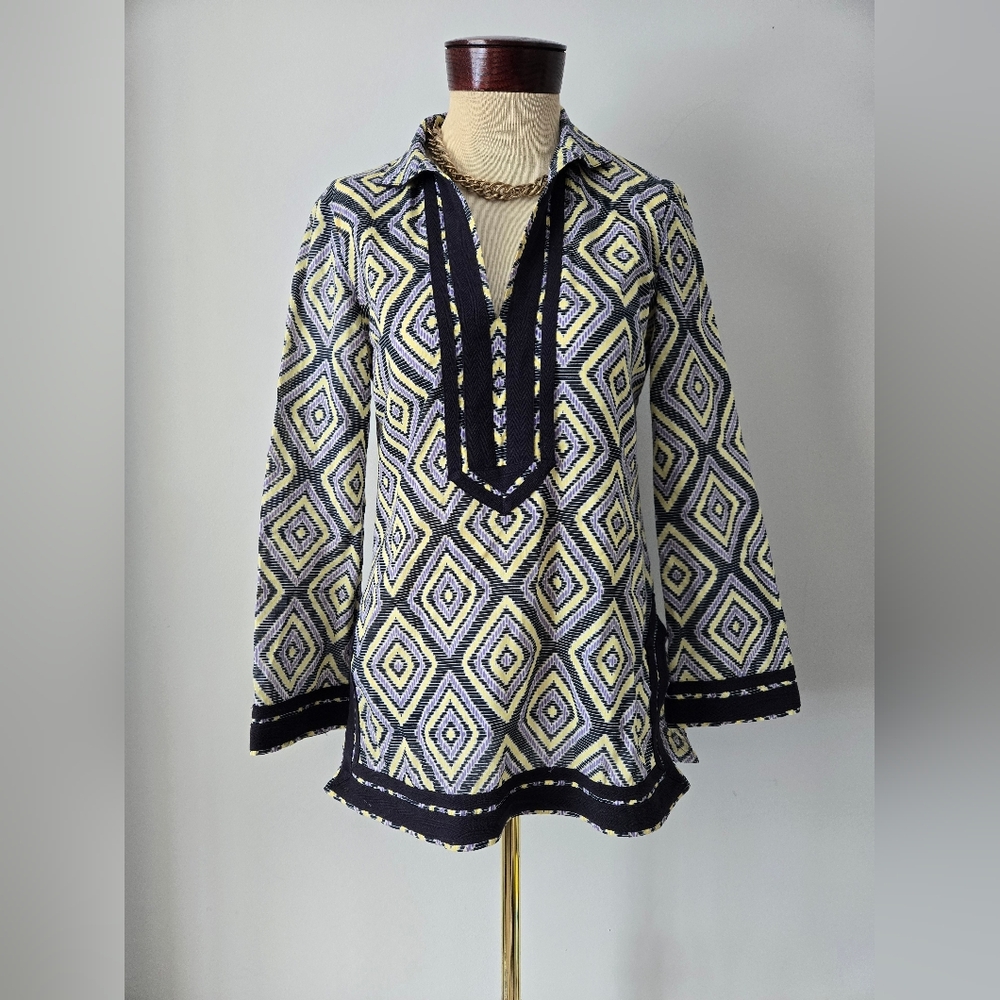 TORY BURCH Semi Sheer Geometric Patterned Tunic Top. Size 4